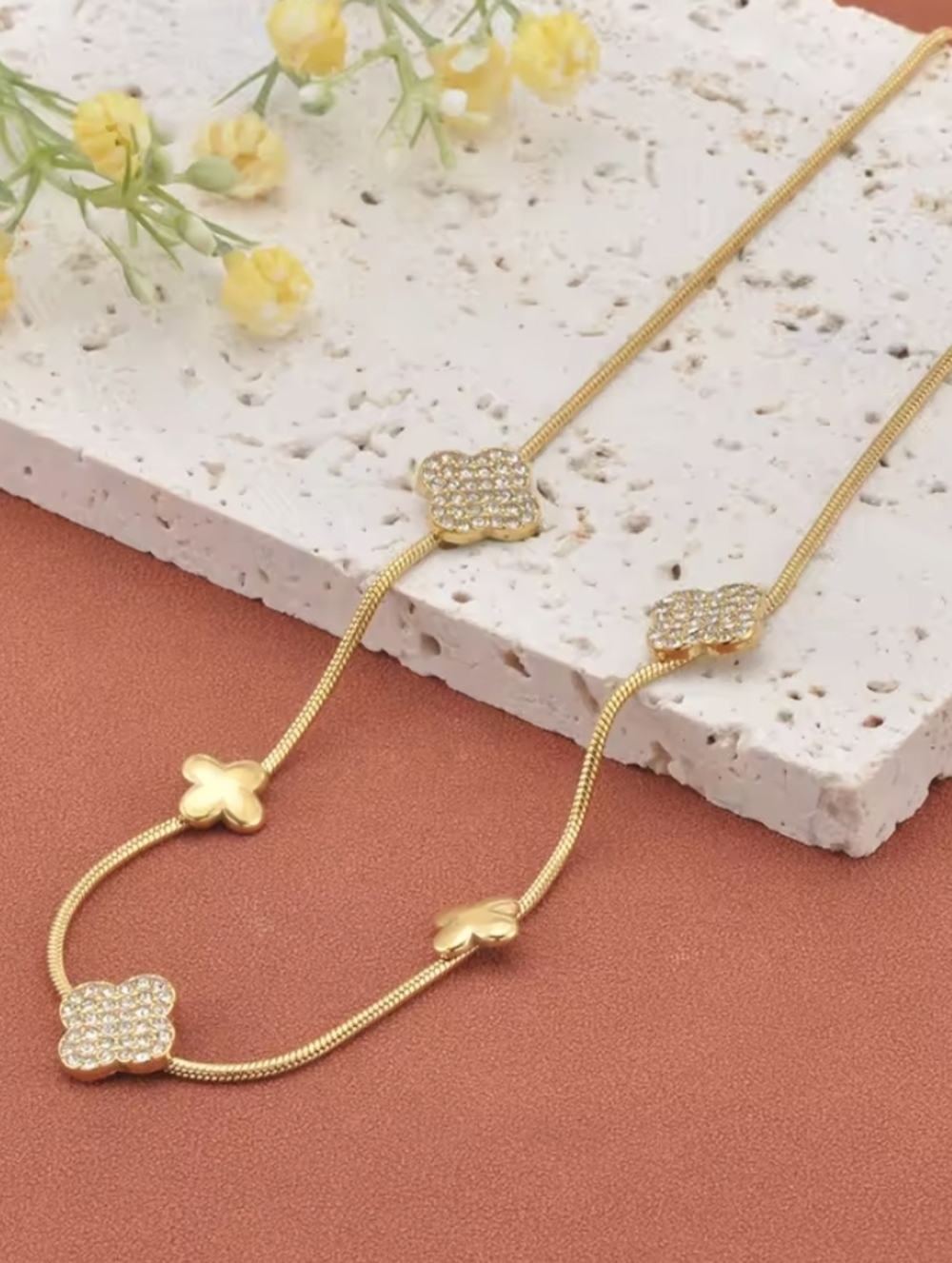 18K Gold Plated Diamond Clover Necklace Stainless Steel